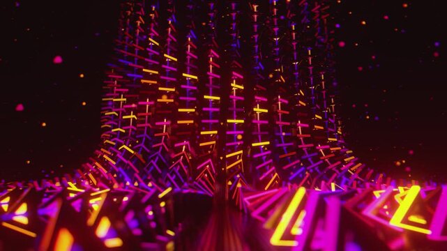 Hypnotic seamless loop of a futuristic geometric array. Abstract digital system made of rotating triangular prisms, crystalline lattices and textured metal grids, creating deep abstract background.