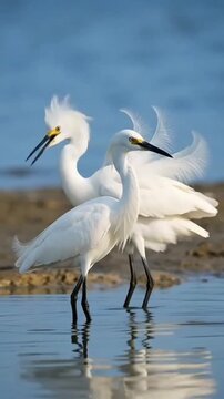 Two stunning snowy egrets stand gracefully in the calm, reflective water, showing off their delicate white plumage and a prominent, spiky breeding crest against a serene blue backgrou great blue heron
