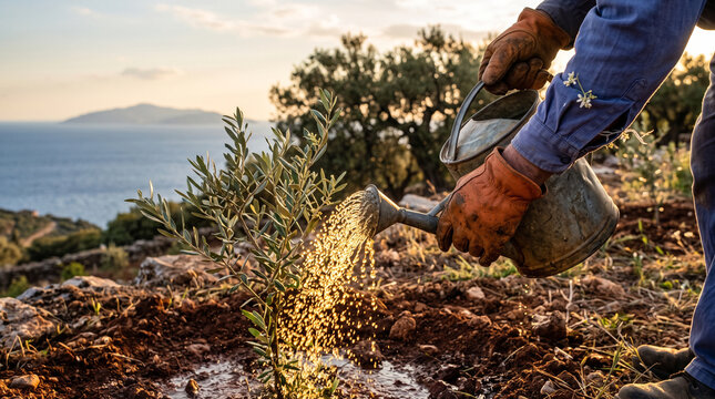 Farmer wearing leather gloves waters a small green olive sapling during a warm golden sunset