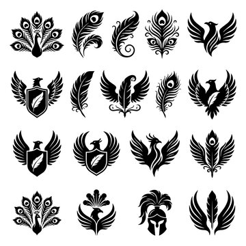 Heraldic eagle shield and feather ornament collection with heraldry, silhouette