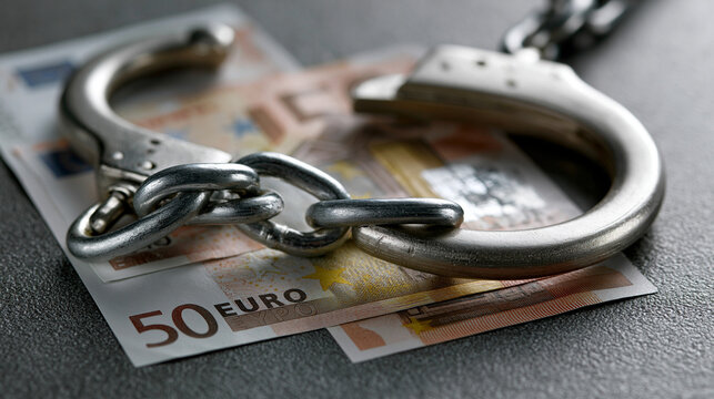 Silberne Handschellen liegen auf geb&uuml;ndelten F&uuml;nfzig-Euro-Banknoten