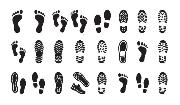 Footprint and Shoe Print Icons on White Background, silhouette collection of human footprints, shoe sole patterns, walking trail symbols, track marks and professional vector design.