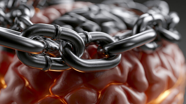 Massive Metallkette umschlingt ein menschliches Gehirn