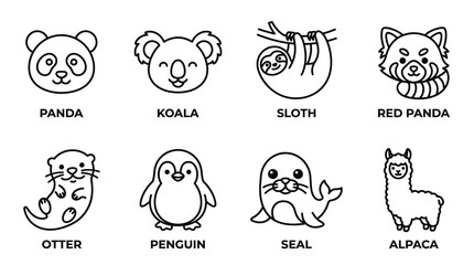 Fototapeta premium Cute outline animal illustrations with text labels on transparent background.