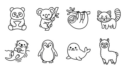 Fototapeta premium Charming cartoon outline animals with labels on transparent background vector art.