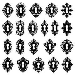 Fototapeta premium Collection of ornate vintage keyhole escutcheons with escutcheon, decorative