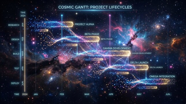 Cosmic Gantt Chart Illustrating Project Lifecycles in Space