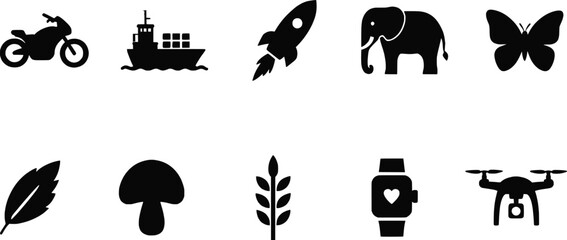 Collection Of Black Silhouette Icons Featuring Vehicles Animals And Nature © Asif Mahmud