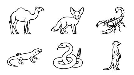 Fototapeta premium Desert animals line icons set including camel fennec fox scorpion lizard snake and meerkat.