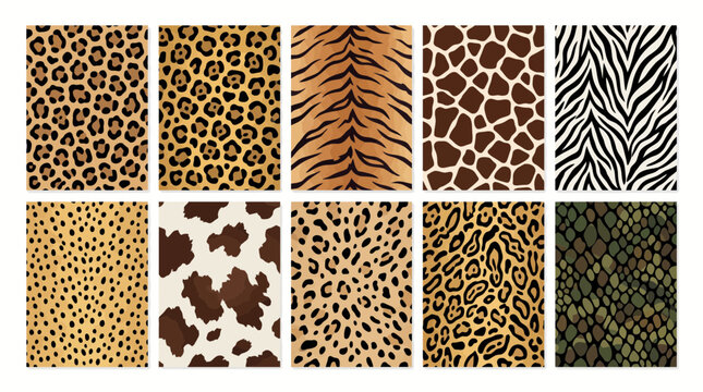 Ten seamless animal skin vector graphic patterns featuring realistic fur textures like leopard tiger giraffe zebra and snake skin designs