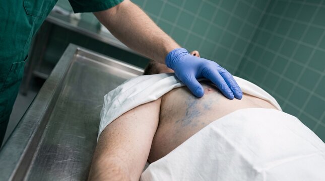 Forensic pathologist examining severe chest trauma on deceased male body in morgue