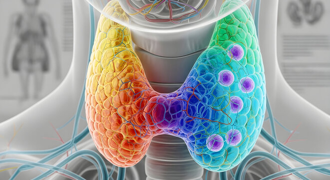 Human thyroid gland anatomy with diseased cells highlighted in bright colorful 3d render.