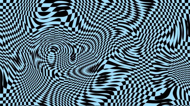 Abstract distorted checkerboard pattern with wavy blue and black squares