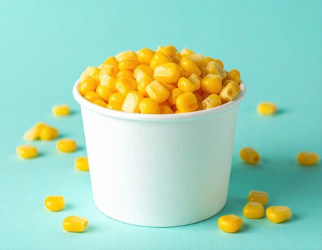 Corn kernels in white cup on blue background