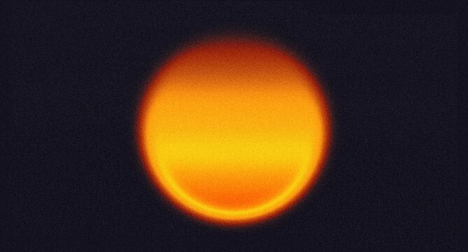 Glowing sunset gradient background with grainy noise effect. Abstract poster or wallpaper feating warm orange and deep purple sphere. Modern futuristic backdrop
