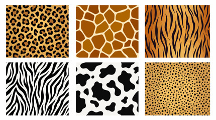 Collection of wild animal skin patterns featuring leopard giraffe tiger zebra cow and cheetah prints for creative vector graphic design © Ninal