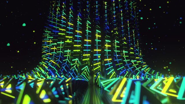 Hypnotic seamless loop of a futuristic geometric array. Abstract digital system made of rotating triangular prisms, crystalline lattices and textured metal grids, creating deep abstract background.