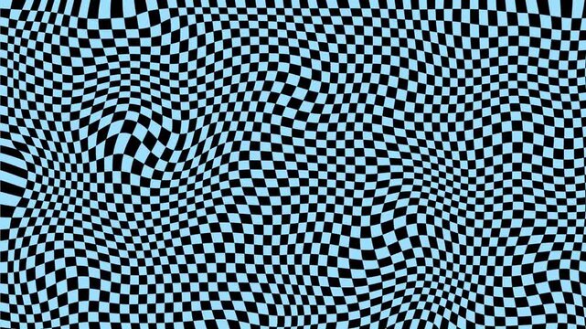 Abstract wavy checkerboard pattern in light blue and black