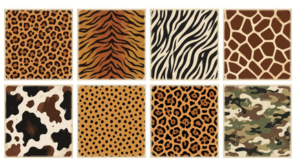 Set of eight seamless vector graphic patterns featuring diverse animal skin textures and military camouflage prints for creative digital design © Ninal