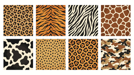 Eight seamless animal skin patterns featuring leopard tiger zebra giraffe cow cheetah and camouflage textures in a vector graphic design © Ninal