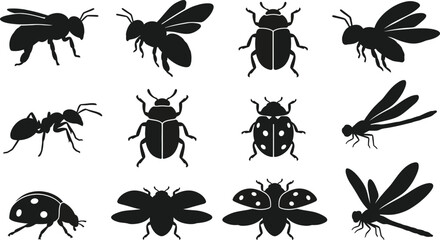 Fototapeta premium Insect Silhouettes Vector Collection with Ant Spider Bee Beetle Butterfly Dragonfly Fly Mosquito and Bug Icons Black Nature Illustration Set for Design and Pattern