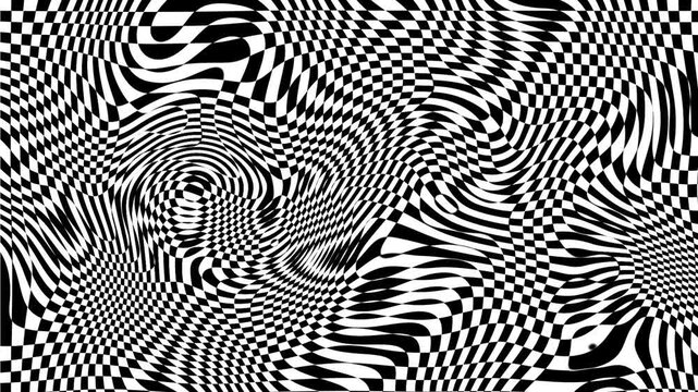 Abstract black and white checkered pattern with fluid liquid distortion