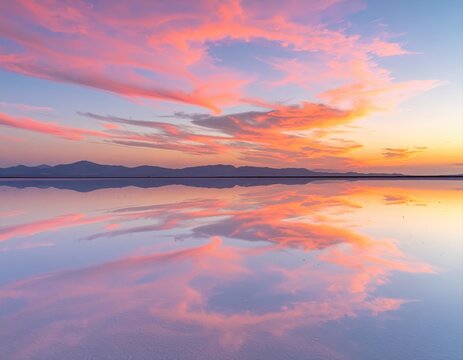 Salar de uyuni sunset reflecting pink sky