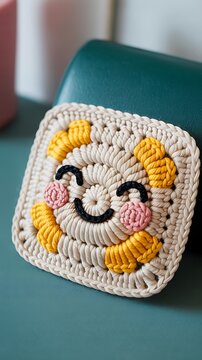 Handmade crochet square with a cute smiling face pattern in beige, yellow, and pink colors