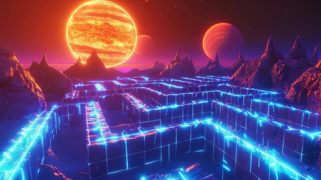 Retro-futuristic scene inspired by synthwave: glowing blue grid patterns under a sky with enormous orange planets. Sci-fi vibes and surreal beauty.
