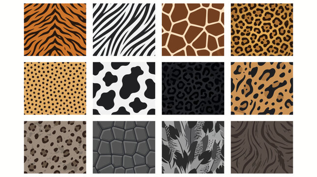 Collection of diverse animal print vector graphic designs featuring seamless patterns of tiger zebra giraffe leopard and cow skin textures