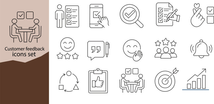 Customer feedback icons set. Rating, survey, feedback, and user experience line vectors. Business survey and customer testimonial icons
