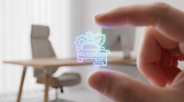 High End Macro Photography of Holographic Car Symbol Between Fingers Representing Policy Management Claims Processing and Coverage Verification in Digital Insurance Automation
