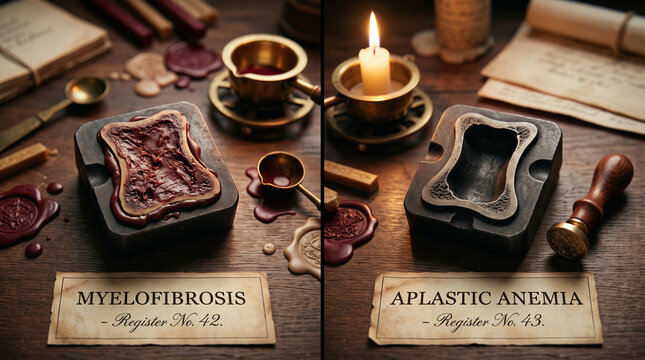 Comparison of medical bone marrow conditions using metallic molds and wax seals on wooden tables