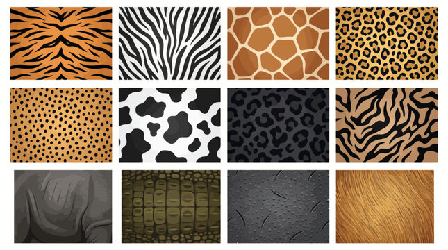 Set of twelve diverse animal skin print vector graphic patterns featuring tiger zebra giraffe leopard and various wild creature textures