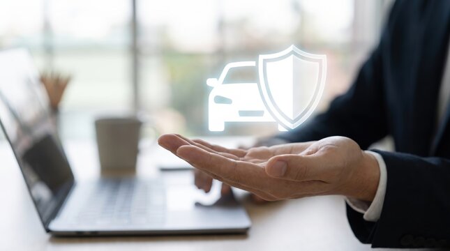 Car Insurance Protection Hologram in Hand, Digital Risk Management Technology, Corporate Financial Security Concept, Smart Vehicle Coverage Innovation, Business Insurance Solutions