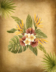 Vintage tropical boucuet with exotic flowers, palm leaves, and aged paper texture.  Floral Watercolor painting. © Marisha