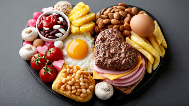 Herzf&ouml;rmige Schale voller Fastfood mit Burger, Pommes und Snacks von oben fotografiert