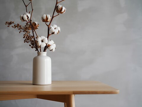 Beautiful cotton flower stems in a white ceramic vase on a wooden table with grey background