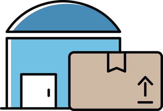 Blue warehouse building with a brown cardboard shipping box featuring an upward facing arrow