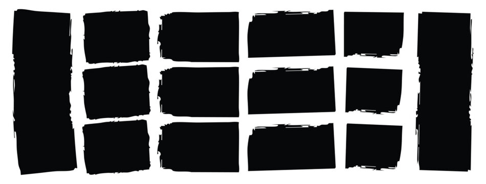 Set of different grunge brush strokes with banner for graphic background decoration. Rough grunge thick paint line texture. Vector sketch rectangle text boxes.