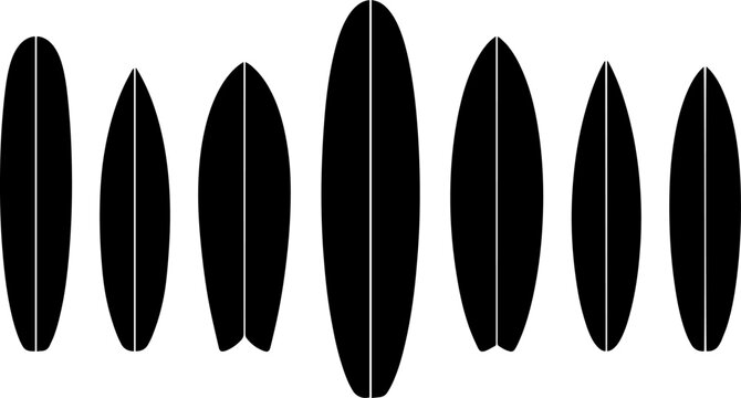 Variety of surfboard shapes longboard fish hybrid and shortboard silhouettes in black and white