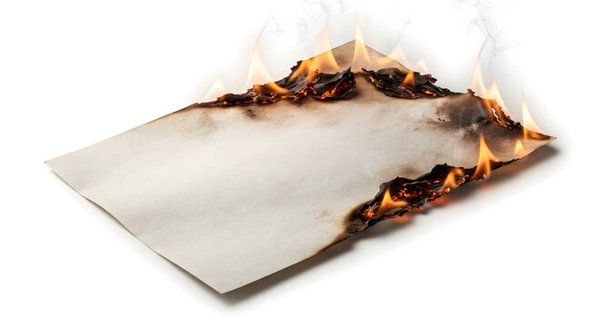 Burning paper sheet with flames and charred edge, isolated on white background. Fire hazard, destruction, and dramatic blank template with copy space 