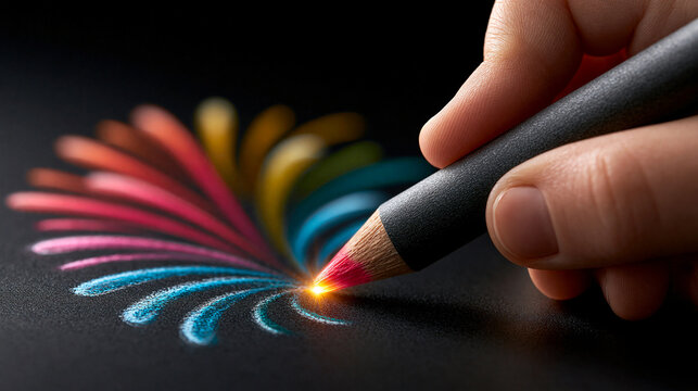 Hand zeichnet mit Stift buntes Feuerwerk aus leuchtenden Farbspuren