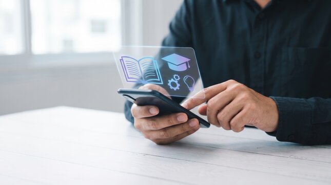 Mobile Learning Application with Holographic Education Interface, Remote Employee Training and Digital Skill Development Concept, Smartphone Learning Technology on Minimalist White Workspace