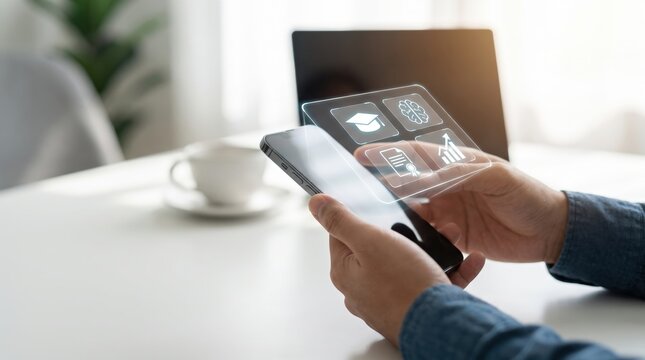Close Up Mobile Learning Technology with Holographic Education Interface, Employee Training and Professional Certification Growth, Digital Knowledge Development and Remote Skill Enhancement
