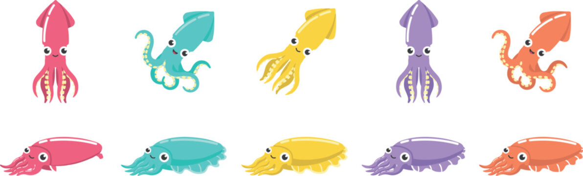 Cute Cartoon Squid and Cuttlefish Vector Character Set Featuring Kawaii Colorful Marine Animals for Kids Nursery Decor, Aquatic Stickers, and Children Pattern Designs