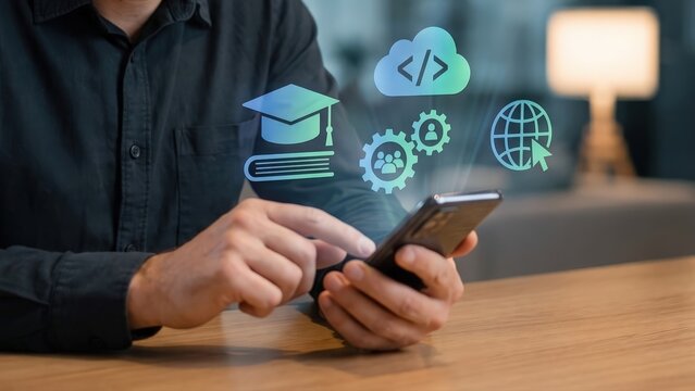 Premium Mobile Learning Platform with Holographic Digital Skills Icons, Employee Development and Online Training App, Teamwork Collaboration and Professional E-Learning Concept