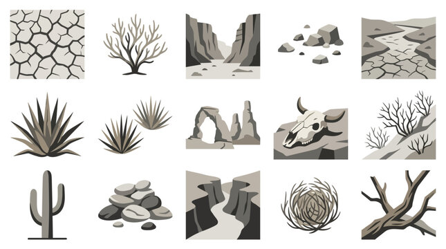 Arid climate and desert geology icons