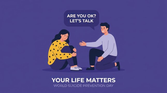 World Mental Health Day Supportive male friend comforting sad woman sitting on floor with text bubble and world suicide prevention day awareness message
