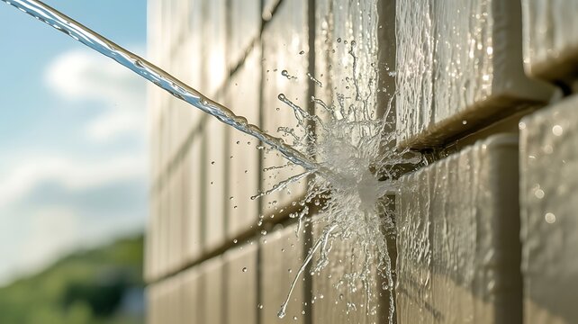 Pressure water jet hitting a tiled wall surface creating a splash and water droplets with a blurred outdoor background, during cleaning